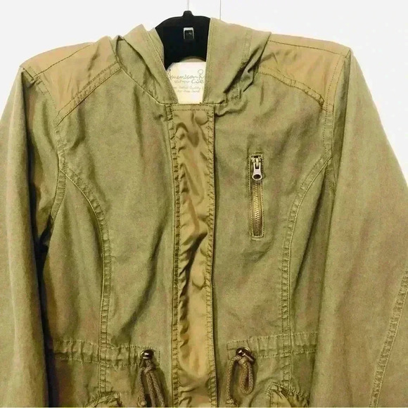 American Rag Women’s Medium Olive Green Hooded Utility Jacket adjustable waist - Picture 2 of 16